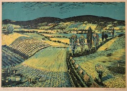 Csavlek András (1942- ): Bakonyi Völgy. Színes Linó, Papír, Jelzett, 23,5×35 Cm - Otros & Sin Clasificación