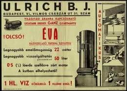 Cca 1925 Bp. VI., Ulrich B. J. Házvízellátó Turbina Szivattyú Rajzos Dekoratív Reklámplakátja, Középen Hajtva, Egyébként - Advertising