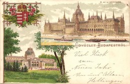 T2 1898 Budapest, Új Országház, Margitszigeti Fürdőház. Magyar Címeres Litho / Hungarian Coat Of Arms Litho - Unclassified