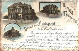 T4 1899 Budapest, M. Kir. Operaház, Népszínház, Nemzeti Színház. Art Nouveau, Litho (vágott / Cut) - Unclassified