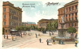 T2/T3 Budapest VIII. Múzeum Körút, Nemzeti Múzeum, Szökőkút, Villamos. Litho  (kis Szakadás / Small Tear) - Unclassified