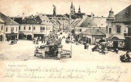 T2/T3 1905 Nagyszombat, Tyrnau, Trnava; Ferenc József Tér, Szentháromság Szobor, Josef Halle, Taushy J. és Fiai üzlete / - Unclassified