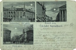 T4 1900 Szabadka, Subotica; Lichtneckert-féle Palota, Kossuth és Fürdő Utca, Szálloda Pest Városához, Este, Szentháromsá - Unclassified