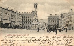 T2 1898 Linz, Franz Josefs Platz / Square, Trinity Statue, Shops - Ohne Zuordnung