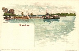 ** T1/T2 Geneva, Geneve; Lake, Port, Steamships, E. Nister Litho, S: F: Voellmy - Zonder Classificatie
