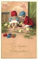 * T2 Children Playing With Chickens, Easter Greeting; A. R. Nr. 1381. S: Pauli Ebner - Ohne Zuordnung