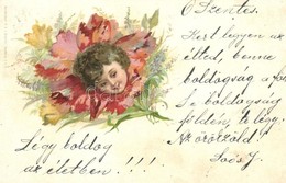 T2/T3 1899Lady's Head In Poppy Flowers, Bizarre, Kunstanstalt H. A. J. Schultz Litho (kopott Sarkak / Worn Corners) - Ohne Zuordnung