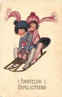 T2/T3 Hartelyk Gefeliciteerd / Birthday Greeting Art Postcard, Sleighing Couple. Litho  (EK) - Zonder Classificatie