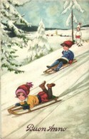 T2/T3 Buon Anno / New Year Greeting Art Postcard, Sledding Children (EK) - Zonder Classificatie