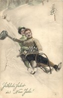 T2 Fröhliche Fahrt Ins Neue Jahr! / New Year Greeting Art Postcard With Sledding Couple. V.K. Vienne 5050. - Zonder Classificatie