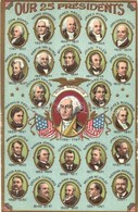 ** T2/T3 Our 25 Presidents. American Presidents With George Washington In The Middle. Flags, Emb. Litho - Zonder Classificatie