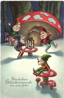 T3 Herzlichen Glückwunsch Zum Neuen Jahre / New Year Greeting Card, Dwarf, Mushroom, Litho (EK) - Ohne Zuordnung