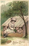 T2/T3 1909 Boldog újévet! / New Year Greeting Card, Girl With Pigs. Ser. 276. Emb. Golden Litho (kis Szakadás / Small Te - Non Classés