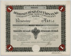 Győr 1926. 'Bőripari Részvénytársaság' Névre Szóló Részvény 15P értékben, Szelvényekkel, Szárazpecséttel T:I- - Sin Clasificación