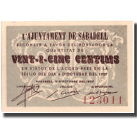 Billet, Espagne, 25 Centimos, Batiment, SABADELL, 1937, 1937, NEUF - Other & Unclassified