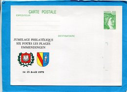 Carte Entier Postal-neuve- 1fr Sabine-repiquage -jumelage-"six Fours Les Plages-Emmendingen" Avril 1979 - Cartes Postales Repiquages (avant 1995)