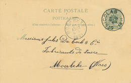 148/28 - Entier Postal Lion Couché ST NICOLAS 1891 Vers Fabrique De Sucre De Cock § Cie à MOERBEKE (Waes) - Postcards 1871-1909