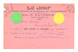 TOP !!  VERVIERS - Attestation Du Paiement Pour Un Abonnement Au Journal " LE JOUR " Pour L'année 1901 (b243) - 1900 – 1949