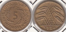 Germania 5 Rentenpfennig 1924F KM#32 - Used - 5 Renten- & 5 Reichspfennig