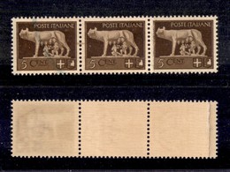 REGNO D'ITALIA - 1929 - 5 Cent Imperiale (243e) - Striscia Di Tre Su Carta Ricongiunta - Gomma Integra (3.300) - Other & Unclassified