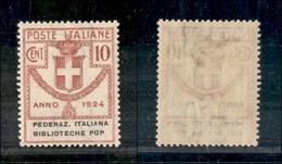 REGNO D'ITALIA - 1924 - Enti Parastatali - 10 Cent Biblioteche Pop. (34b) Senza Punto Dopo Pop + Pederaz (non Catalogato - Autres & Non Classés