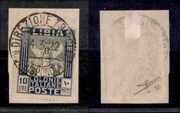 COLONIE ITALIANE - LIBIA - 1921 - 10 Lire Pittorica (32a) Dentellato 14x13 - Usato Su Frammento Della Direzione Tripoli  - Sonstige & Ohne Zuordnung