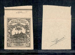 SAN MARINO - 1916 - Prova Di Macchina - 10 + 5 Cent Croce Rossa (CEI P50A) Bordo Foglio - Senza Gomma - Cert. Sorani - Altri & Non Classificati
