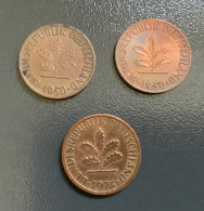 GERMANIA - DEUTSCHLAND - 3 Monete  1 PFENNIG 1950 E 1974  “ F E D “  Ottime Condizioni - 1 Pfennig