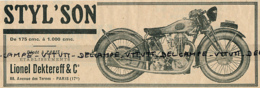 Ancienne Publicite (1930) : MOTO STYL'SON, De 175 Cmc à 1000 Cmc, Lionel Dektereff & Cie, Paris... - Reclame