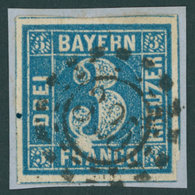 BAYERN 2IIA BrfStk, 1850, 3 Kr. Blau Ausgefüllte Ecken, Unterhalb Der Großen 3 Unbedrucktes Feld, Offener MR-Stempel 325 - Other & Unclassified