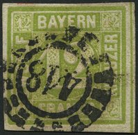 BAYERN 12 O, 1862, 12 Kr. Dunkelgelbgrün, Offener Mühlrad-Stempel 418, Breitrandig Pracht, Mi. 100.- - Other & Unclassified