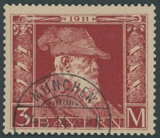 BAYERN 88II O, 1911, 3 M. Luitpold, Type II, Pracht, Mi. 80.- - Andere & Zonder Classificatie