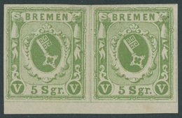 BREMEN 4a Paar *, 1859, 5 Sgr. Gelbgrün Im Waagerechten Paar Mit Unterrand, Linke Marke Ein Brauner Punkt Am Oberrand So - Bremen