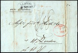 HAMBURG 1842, T 8 NOV, Rote Sonderform Auf Brief Von Leipzig (Sonderform) Via Berlin Nach London, Rückseitiger Durchgang - Prephilately