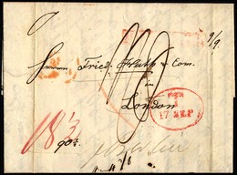 HAMBURG - GRENZÜBERGANGSSTEMPEL 1844, T 17 SEP, In Rot Auf Brief Von Meuritz (Polen) Nach London, Roter, Nicht Lesbarer  - Prefilatelia