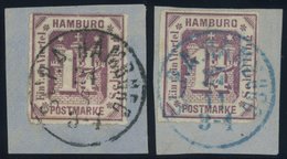 HAMBURG 20a BrfStk, 1866, 11/4 S. Dunkelbraunviolett Mit K1 St.P.A. HAMBURG In Schwarz Und Blau, 2 Kabinettbriefstücke - Hamburg (Amburgo)