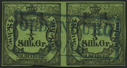OLDENBURG 1 Paar O, 1855, 1/3 Sgr. Schwarz Auf Grünoliv Im Waagerechten Paar, Idealer Zentrischer Blauer R2 OLDENBURG, Z - Oldenburg