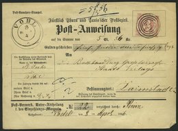 THURN Und TAXIS 42 BRIEF, 1865, 3 Kr. Karminrot Auf Postanweisung, Marke Oben Rechts Defekt Sonst Prachtkarte - Autres & Non Classés