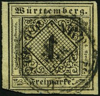 WÜRTTEMBERG 1yb O, 1851, 1 Kr. Schwarz Auf Mittelgraugelbem Seidenpapier, Untere Linke Ecke Leicht Knapp Sonst Pracht, G - Other & Unclassified
