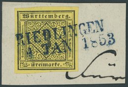 WÜRTTEMBERG 2a BrfStk, 1851, 3 Pf. Schwarz Auf Hellgelb, Blauer L2 RIEDLINGEN, Kabinett - Other & Unclassified