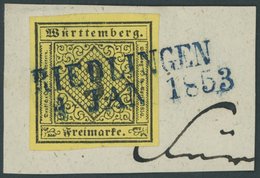 WÜRTTEMBERG 2a BrfStk, 1851, 3 Pf. Schwarz Auf Hellgelb, Blauer L2 RIEDLINGEN, Kabinett - Otros & Sin Clasificación