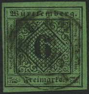 WÜRTTEMBERG 3b O, 1851, 6 Kr. Schwarz Auf Blaugrün, Pracht, Mi. 60.- - Andere & Zonder Classificatie