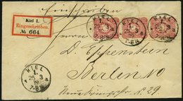 Dt. Reich 33a BRIEF, 1879, 10 Pfe. Karmin Im Senkrechten Dreierstreifen Auf Einschreibbrief Mit R-Zettel KIEL 1 Nach Ber - Used Stamps