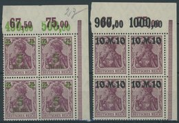 Dt. Reich 156/7I VB **, 1921, 5 M. Auf 75 Pf. Und 10 M. Auf 75 Pf., Aufdruck Rußig, Je Im Oberen Rechten Eckrandviererbl - Used Stamps