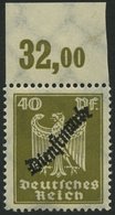 DIENSTMARKEN D 110POR **, 1924, 40 Pf. Braunoliv, Plattendruck, Oberrandstück, Normale Zähnung, Pracht, Mi. 60.- - Dienstzegels