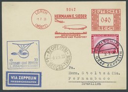 ZEPPELINPOST 219E BRIEF, 1933, 3. Südamerikafahrt, Bordpost Mit Freistempler Und Mi.Nr. 455, Prachtkarte - Posta Aerea & Zeppelin