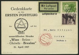 ERST-UND ERÖFFNUNGSFLÜGE 27.17.07 BRIEF, 21.4.1927, Wien-Brünn, Prachtkarte - Zeppeline