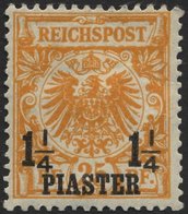 DP TÜRKEI 9a *, 1889, 11/4 PIA. Auf 25 Pf. Gelborange, Falzreste, Ein Kurzer Zahn Sonst Pracht, R!, Fotoattest Jäschke-L - Turkse Rijk (kantoren)