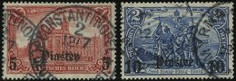 DP TÜRKEI 44/5 O, 1906/7, 5 Pia. Auf 1 M. Und 10 Pia. Auf 2 M., Mit Wz., 2 Prachtwerte, Mi. 100.- - Deutsche Post In Der Türkei