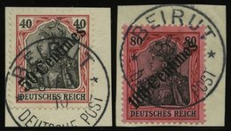 DP TÜRKEI 51/2 BrfStk, 1908, 50 C. Auf 40 Pf.und 100 C. Auf 80 Pf. Diagonaler Aufdruck, 2 Prachtbriefstücke, Mi. (155.-) - Turchia (uffici)